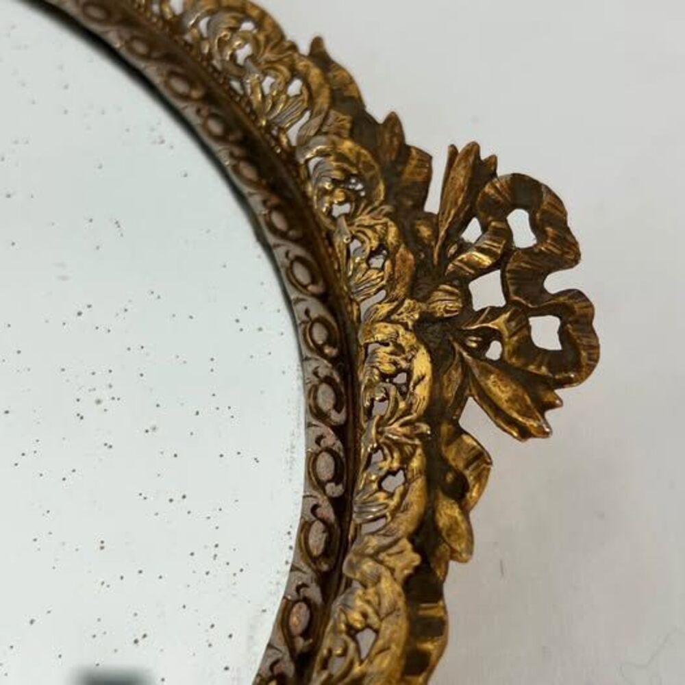 Ornate Gold Tone Oval Mirrored Vanity Tray Bow Filigree Hollywood Regency